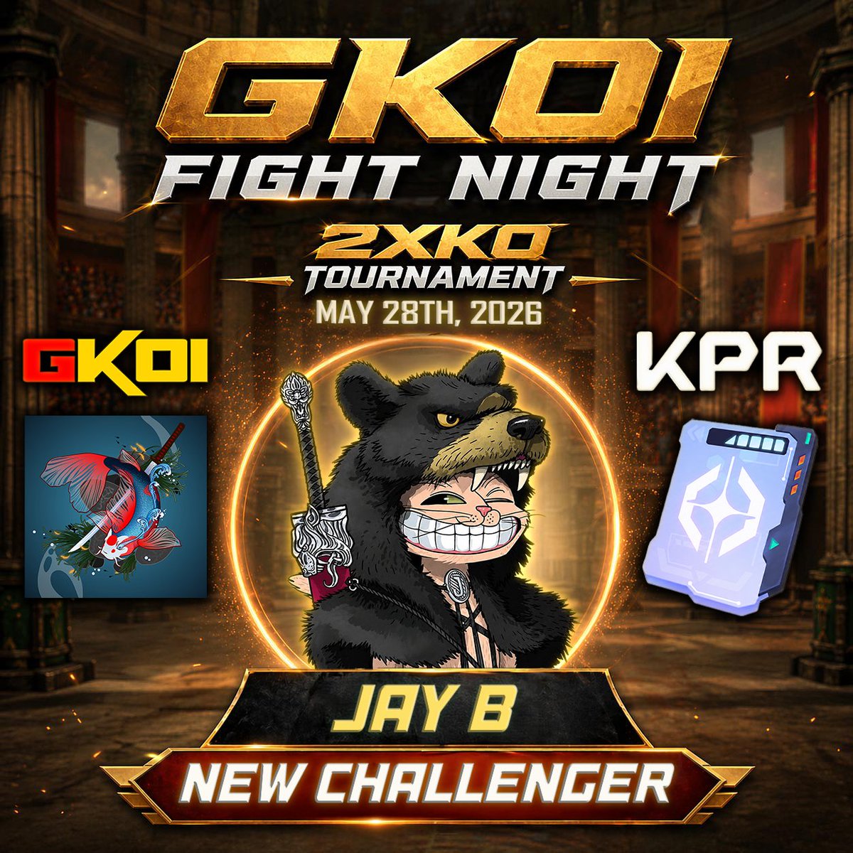 ClassicsCrypto's tweet photo. This Thursday 2PM EST I’m stepping into the @gkoi0x Fight Night tournament

I’ll be battling for first place in @Play2XKO & I’m giving away 2 NFTs to the community:
- 1 GKOI pass
- 1 KPR keycard

Both give access to their games!

Comment to enter, pull up to support & I’ll announce winners after the event