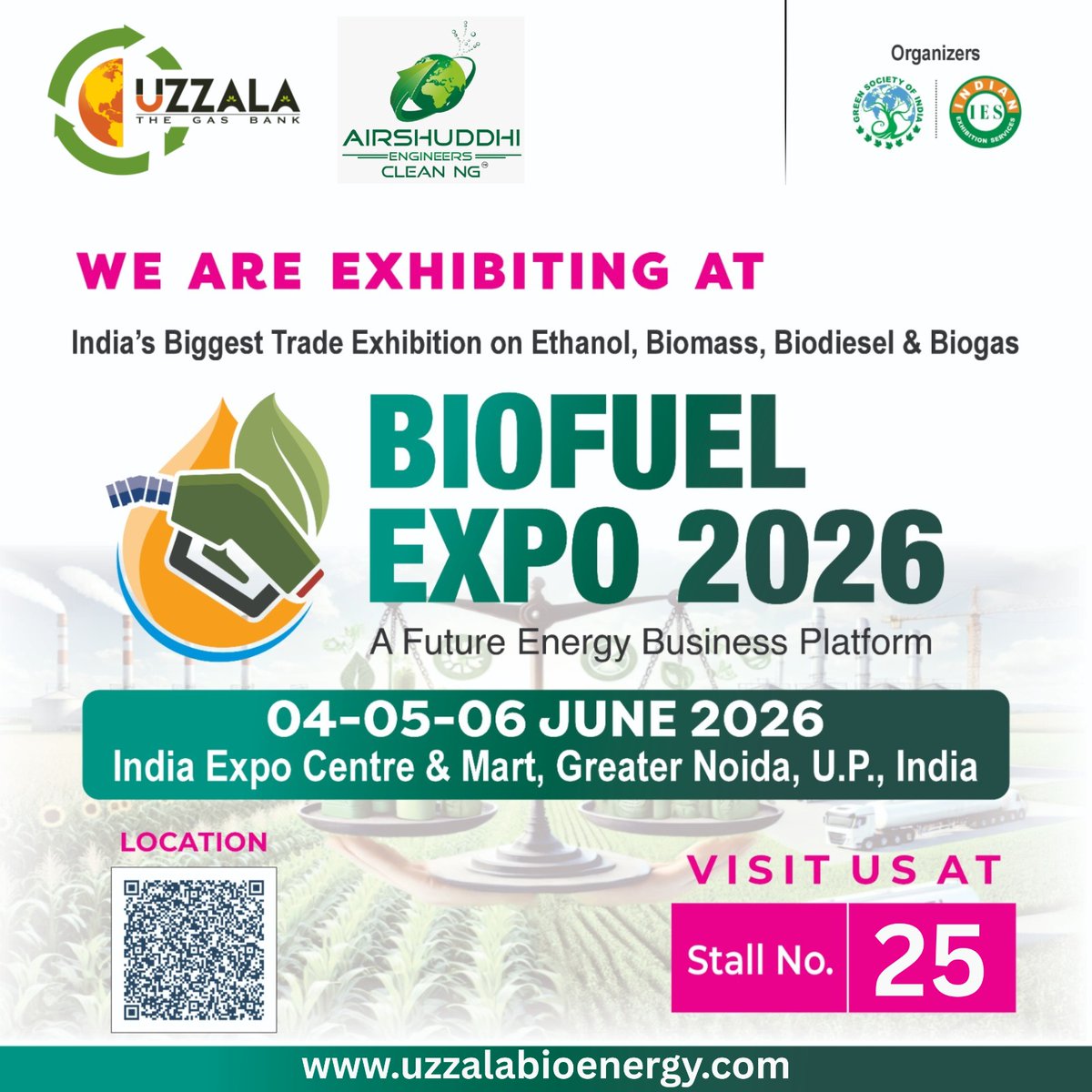 BioUjjala's tweet photo. 🌱 Excited to be exhibiting at #BiofuelExpo2026!

Join Uzzala Bio Energy Solutions &amp; Airshuddhi Engineers at Stall No. 25 to explore innovative Bio CBG, Biogas Purification, Gas Cleaning &amp; Renewable Energy solutions.

📅 04–06 June 2026
📍 India Expo Centre &amp; Mart, Greater Noida https://t.co/npNP0yJQwH