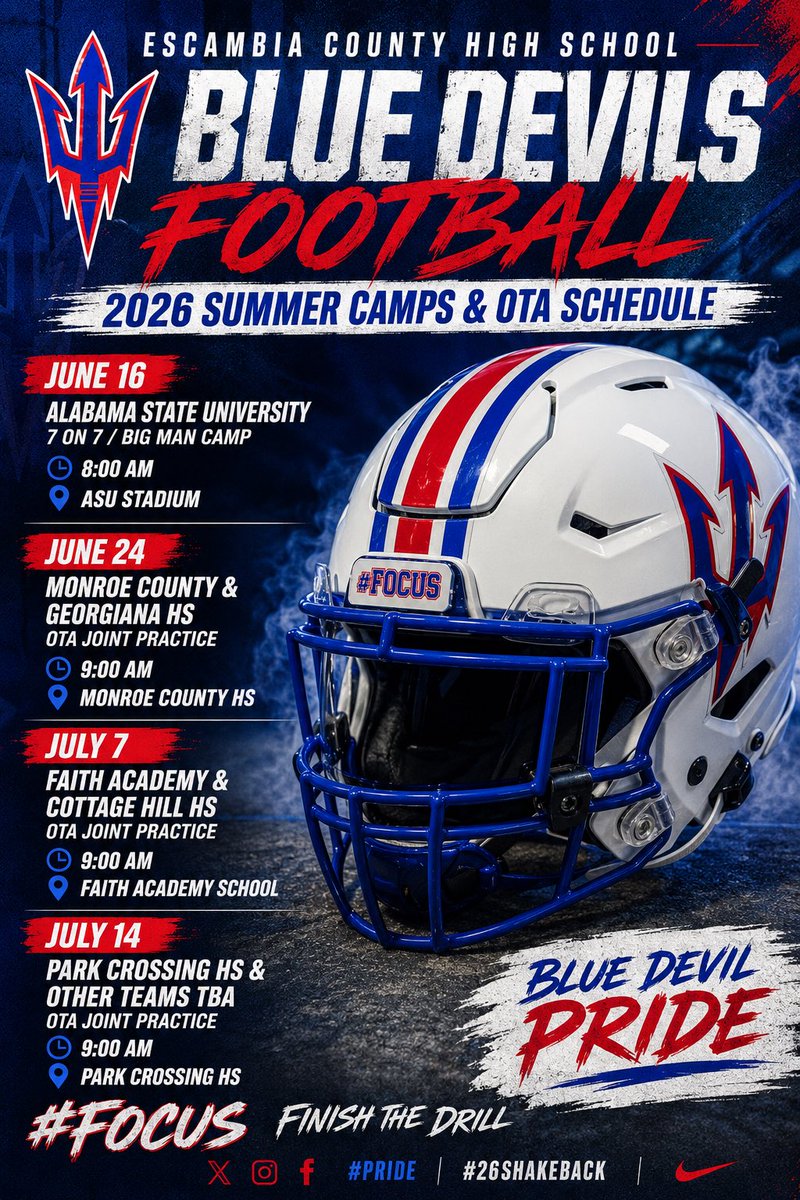 ECBlueDevilFB's tweet photo. 🔥🏈 SUMMER WORK IS HERE 🏈🔥

The Escambia County High School Blue Devils are ready to hit the road this summer for camps, 7-on-7 competition, and OTA joint practices! 💪 https://t.co/8mUL7wbZuC
