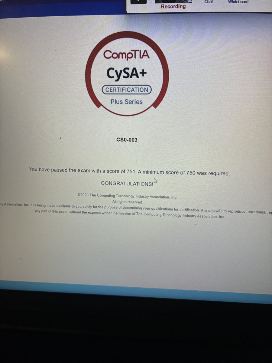 VENIED_'s tweet photo. I FUCKIN DID IT ALL ME  3 more to go CySa+ certified 😎 https://t.co/0fyCUA4AB6