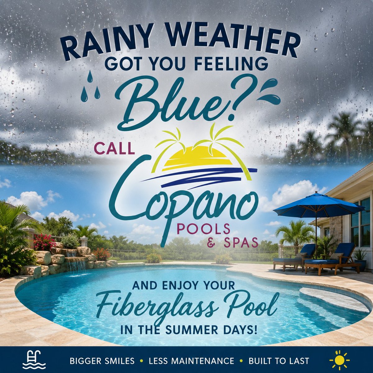CopanoPools's tweet photo. Rainy days don’t last forever… but your backyard oasis can. 🌧️➡️☀️ 🌴

📞 Call today: 800-NEW-POOL
Let Copano Pools &amp; Spas turn rainy days into something to look forward to. https://t.co/7DnP0YxZg1