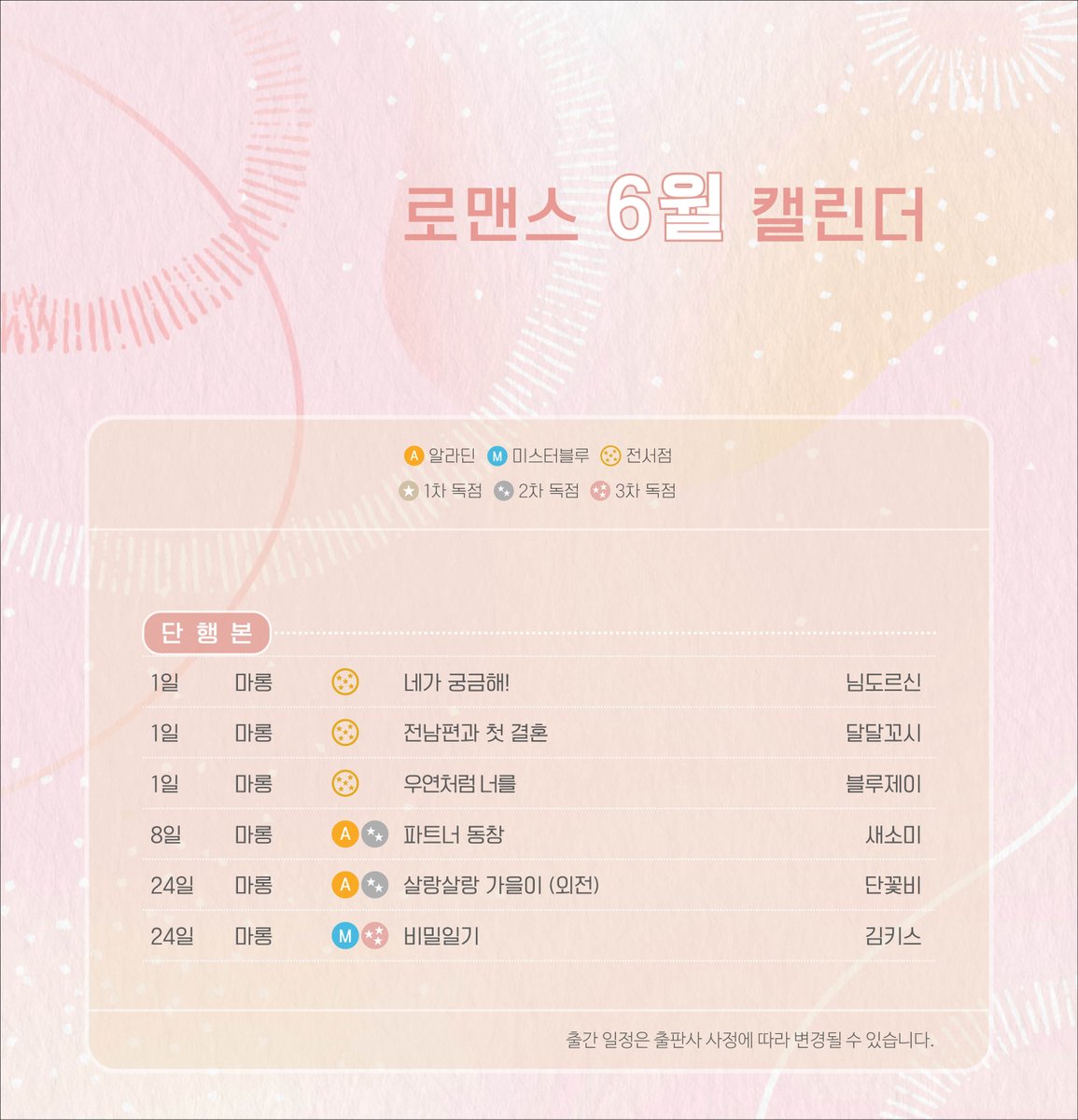 marubooks1's tweet photo. 💗마야마루 로맨스 26년 6월 출간 캘린더💗

6월의 마롱 출간작들
많은 관심 부탁드립니다💐

※ 출간 일정은 플랫폼 및 출판사 사정에 따라 변경될 수 있습니다. https://t.co/IgN5IyesSA