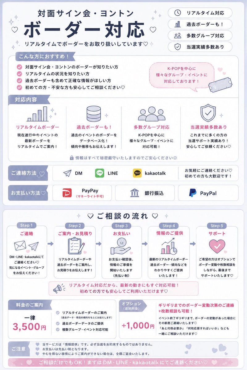 kpop001uu's tweet photo. 🤍対面サイン会 等 ボーダー 案内 

DM/LINE/カカオトーク/にお問い合わせください🙇🏻‍♀️՞  

※また、代行も可能な場合もございますのでその場合は先にご連絡ください🙆🏻‍♀️️⭕️ https://t.co/iNxwiRp2Q3