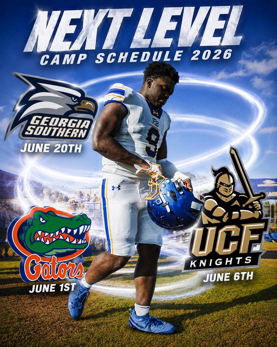 Frederic_Jones1's tweet photo. 2026 Camp Schedule Locked in🔐

Ready to Compete, Learn, and Dominate💯

@FBPirates @bryce_nelson15 @wblakewillis @CoachPolingop @sandlin_da51190
June 1st - Florida Gators @CoachC_Foster @CoachBeauK @CoachJonSumrall 
June 6th - UCF @KingJB01 @CoachS_Cooper @UCF_Recruiting 
June 20th - Georgia Southern @CoachCrenshaw @GSCoachHelton