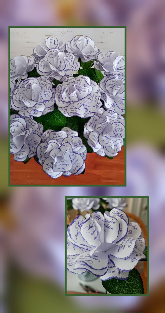 CraigGoedecke's tweet photo. Purple and white paper roses for a paper wedding anniversary with the lyrics of the couple's special song printed on the petals.
https://t.co/GlzOdMcW5h
#paperanniversary #firstdance #lyrics #wedding #anniversarygift https://t.co/S1AoPTnZLN