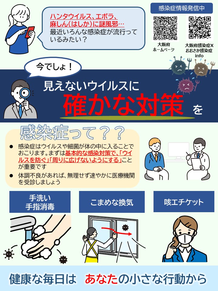 osakakansen's tweet photo. 【今こそ感染対策】
最近さまざまな感染症が話題です。
手洗い、咳エチケットなど、できることから続けていきましょう。
ちょっとした心がけが、あなたと周りの健康を守ります。
▼大阪府の感染症情報はこちら
https://t.co/cSKCT9RZKP https://t.co/VXRE4PhKLC