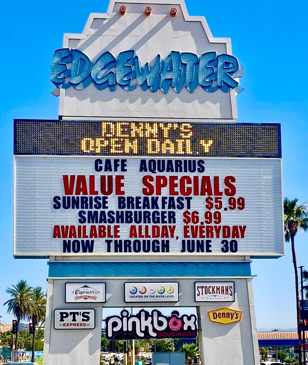 laughlinbuzz's tweet photo. Cafe Aquarius Specials at Aquarius Casino Resort.  On the Edgewater sign.  

#Laughlin https://t.co/IEnXDHkunn