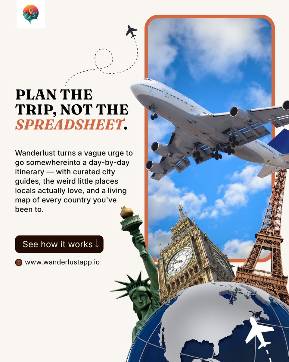 WanderlustExt's tweet photo. Plan the trip, not the spreadsheet 🌍

Wanderlust turns that random “I need to go somewhere” feeling into a full day by day itinerary you’ll actually want to follow. Discover curated city guides, hidden local spots tourists usually miss, and keep track of every country you’ve been to with your own living travel map.

Whether it’s a weekend escape or your next big adventure, Wanderlust helps you spend less time planning and more time exploring ✈️

Start planning your next trip now at https://t.co/sxET99K4Xj

#wanderlust #travelapp #travelplanning #digitalnomad #traveltips #cityguides #solotravel #tripplanner