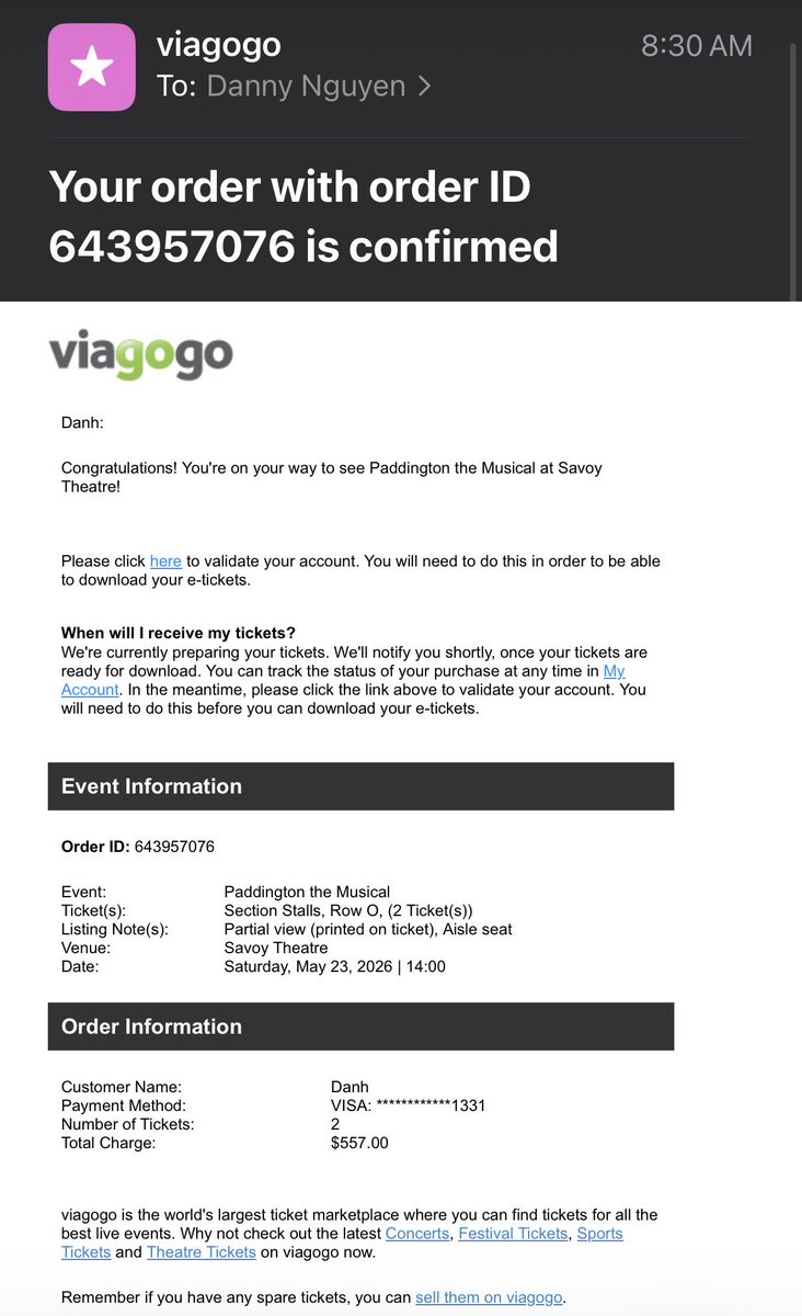 dannyng1511's tweet photo. @balasjuan @viagogo Ordered STALLS for my wife &amp; son, but the seller sent last-row DRESS CIRCLE. They only found out at the gate and had no choice but to enter. Customer service is ignoring this severe downgrade and bait-and-switch. Order ID: 643957076
#viagogoscam #ticketscam https://t.co/hY2BtTB3Kx