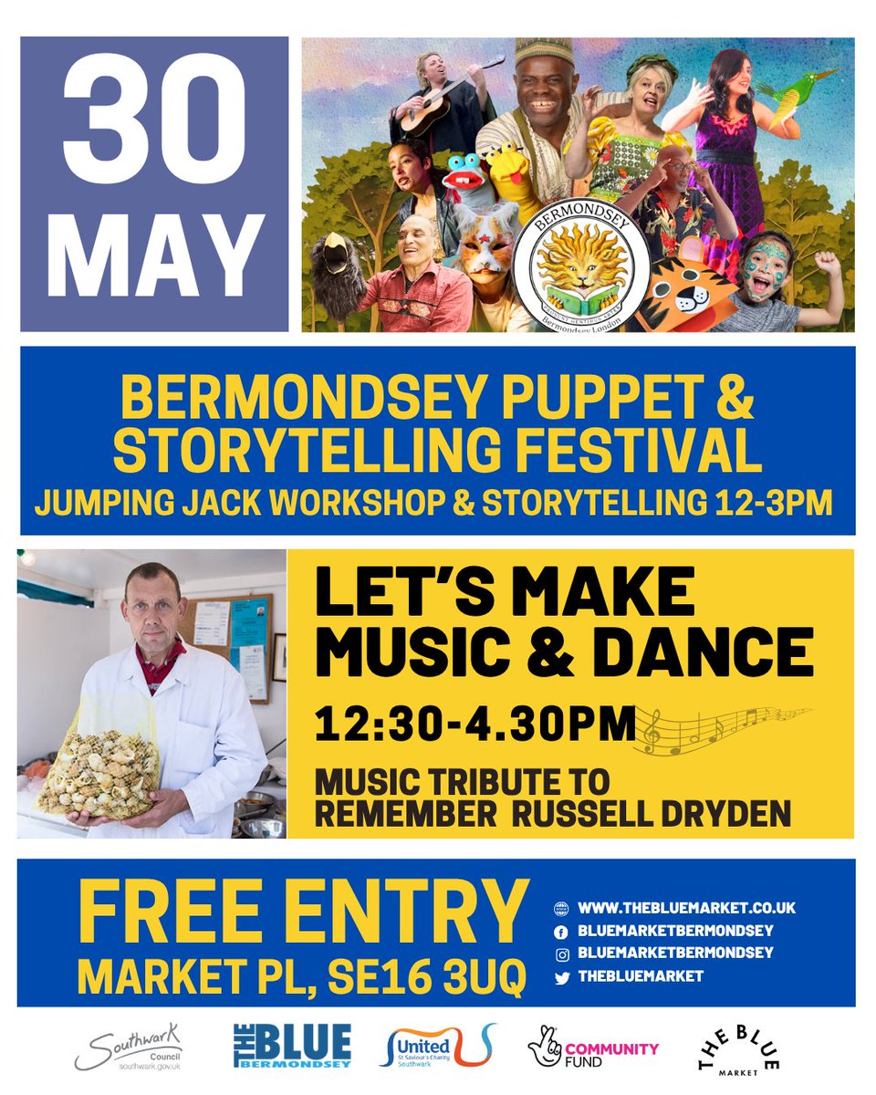 bluebermondsey's tweet photo. Sat 30 May at @thebluemarket, Bermondsey
FREE ACTIVITIES

Jumping Jack workshop as part of the Bermondsey Puppet &amp; Storytelling Festival / 12-3pm

Live music and salsa dancing with UMAT from 12.30pm-4.30pm with a tribute to remember our beloved Russell Dryden

Market Pl, SE16 3UQ https://t.co/S2kW8iY4OY