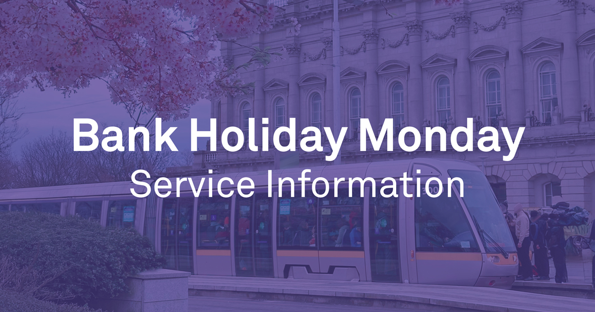 Luas's tweet photo. For those travelling with Luas this Bank Holiday Monday, make sure you're aware of changes to Luas service.

Normal services will run Saturday 30 May & Sunday 31 May. Sunday Operating Hours & Frequency will run on Bank Holiday Monday 1 June.
Plan ahead and allow plenty of time for travel.
See https://t.co/6gjos61J4q for travel updates.