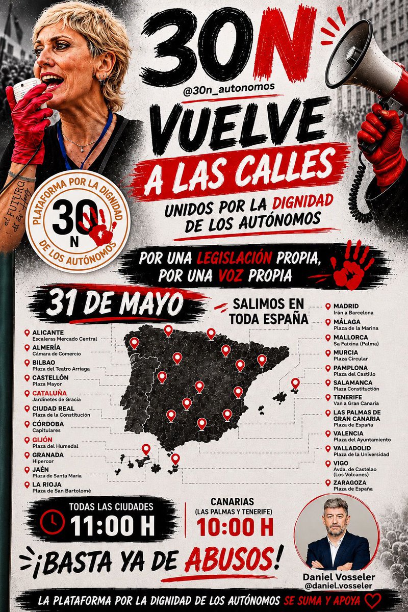 Creerennosotros's tweet photo. 🗓️ ¿Cuándo? Este 31 de mayo
⏰ Horario:
• Todas las ciudades: 11:00 H
• Canarias: 10:00 H
¡El 31M nos unimos contra los abusos! El futuro de tu negocio se defiende en la calle. 🎒🚀
Busca tu punto de encuentro  COMENTA  en qué ciudad estarás tú y comparte esta publicacion ✊ https://t.co/FdZnxNN3gA
