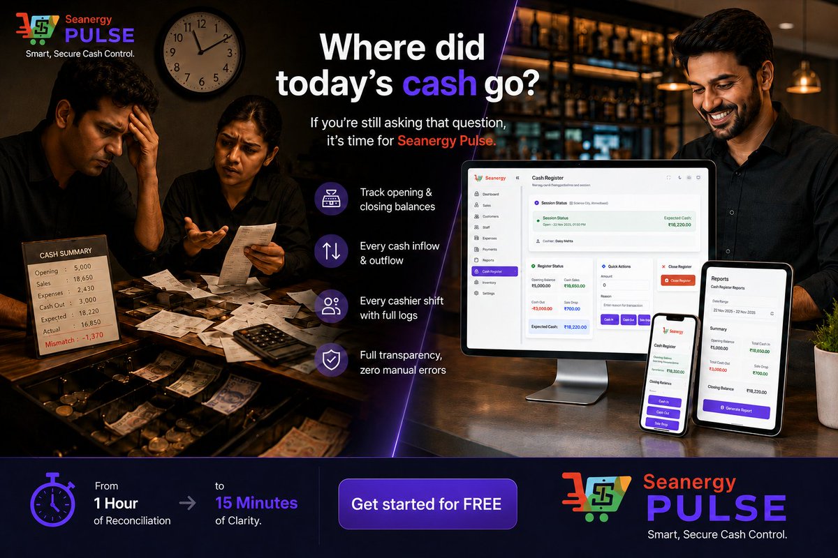 SeanergyPulse's tweet photo. Where did today’s cash go? Stop guessing with 𝗦𝗲𝗮𝗻𝗲𝗿𝗴𝘆 𝗣𝘂𝗹𝘀𝗲 𝗣𝗢𝗦 💸

Track every cash inflow, outflow &amp; shift log with zero manual errors. Faster closing. Full transparency. Smarter cash control. 🚀

Get started for 𝗙𝗥𝗘𝗘 today!

#POS #RestaurantPOS #Pulse https://t.co/HY1L1P2vKM