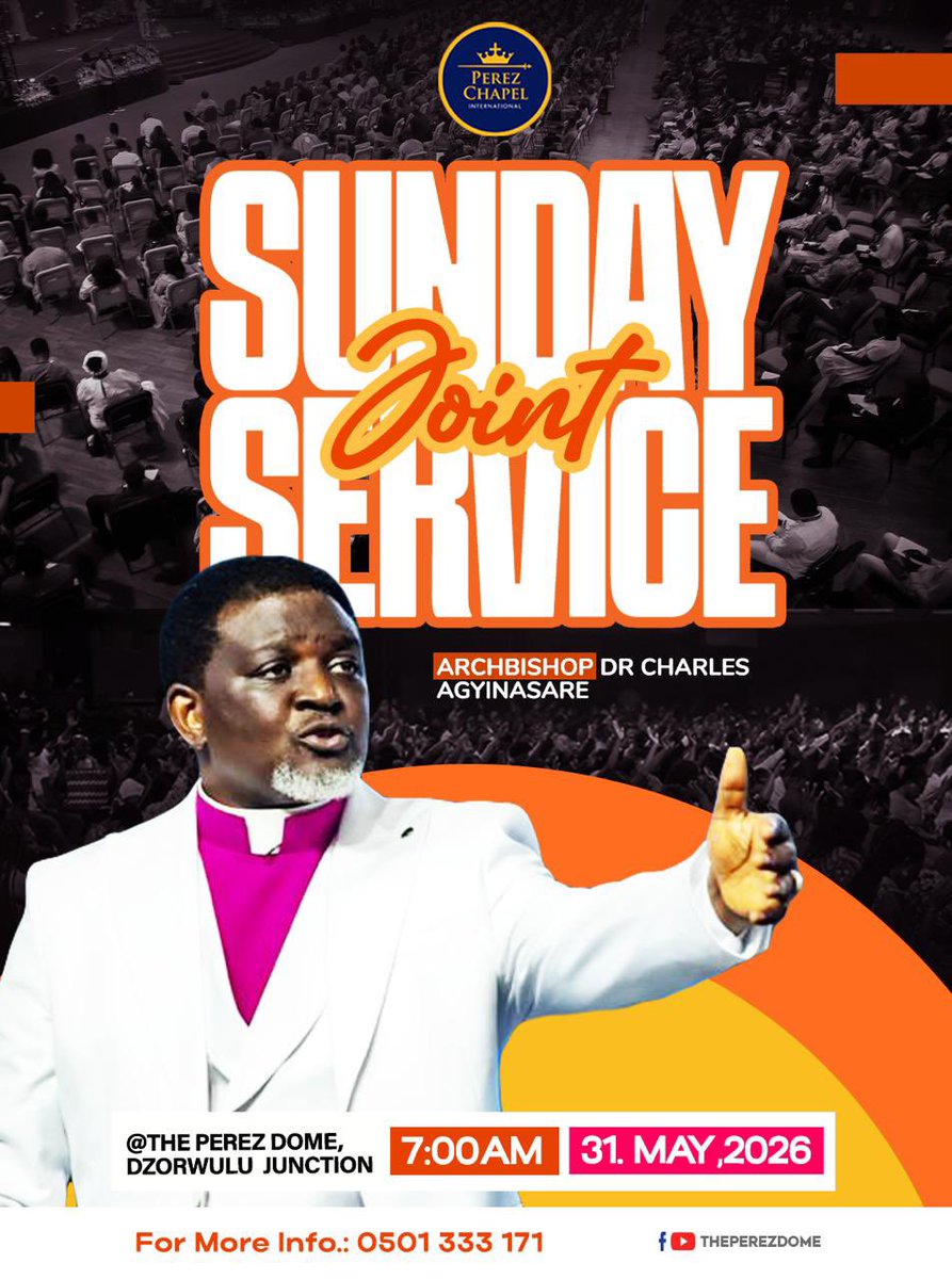 Cagyinasare's tweet photo. Precious one,

There is something powerful about gathering together in God’s presence. This Sunday, I invite you to join me at the Perez Dome for our Joint Service at 7:00 AM.

Come hungry for God and expect a fresh touch of the Holy Spirit. There will be powerful worship, fervent prayer, miracles, healing, and a timely word that will strengthen and position you for victory.

Do not miss this divine appointment. Bring your family, friends, and loved ones and let us experience God together.

I look forward to worshipping with you this Sunday at the Perez Dome, Dzorwulu Junction.

#ThePerezDome
#SundayJointService
#Agyinasare