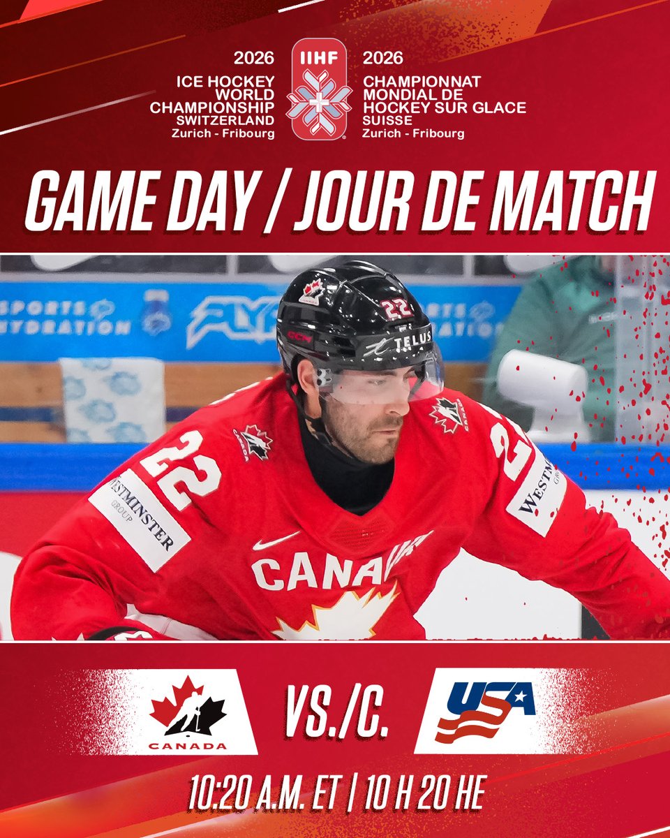 HockeyCanada's tweet photo. GAME DAY! A cross-border clash in the quarterfinals. 🇨🇦🇺🇸

JOUR DE MATCH! Un duel entre grands rivaux au menu en quart de finale. 🇨🇦🇺🇸

📺 @TSN_Sports / @RDSca
⏰ 10:20 a.m. ET / 10 h 20 HE
📰 https://t.co/faUL7p725V
📰 https://t.co/ZDtmKJHty1

#MensWorlds | #MondialMasculin https://t.co/jHjTQ6qa1E