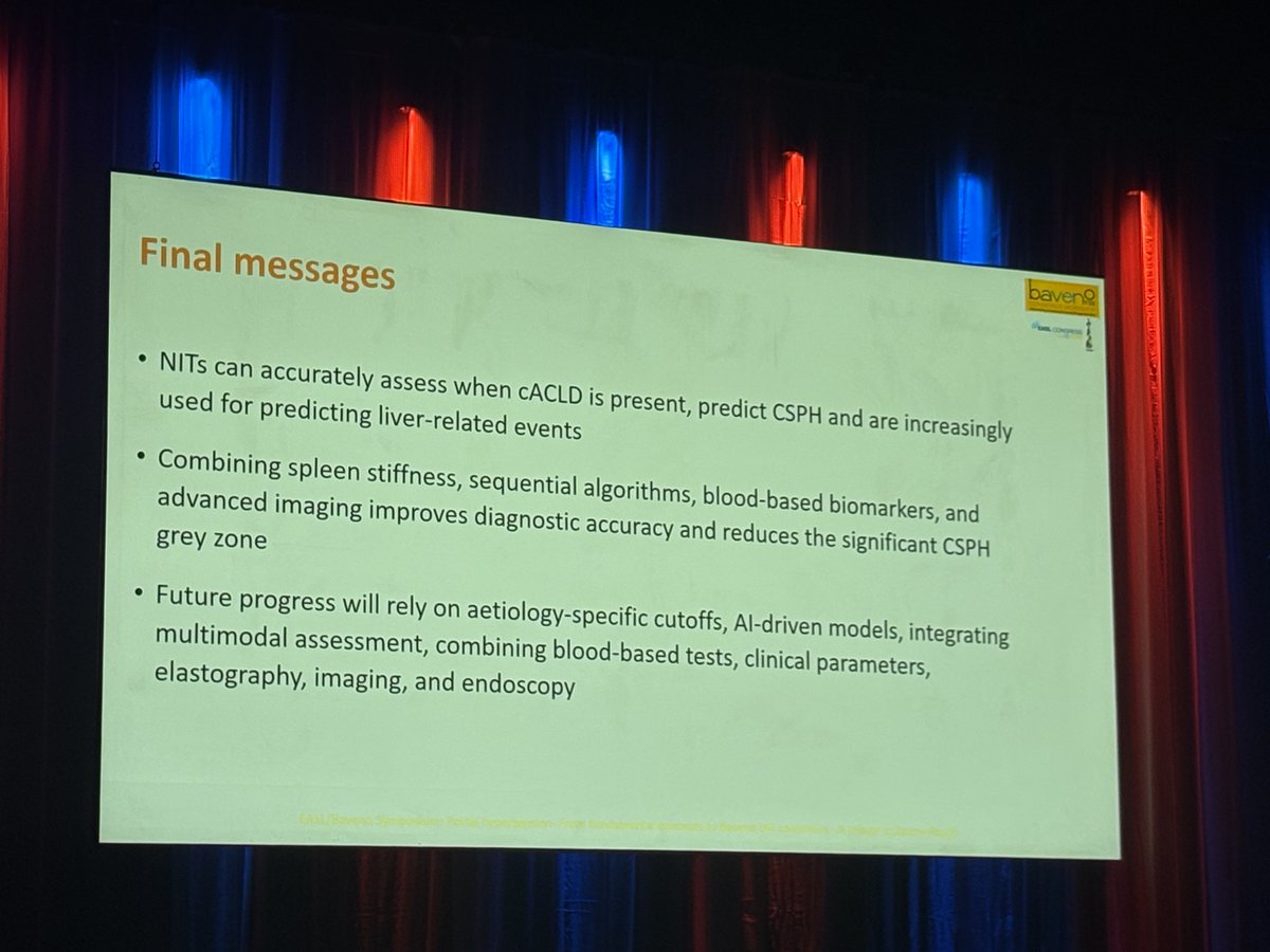BavenoCoop's tweet photo. 📜 NITs in defining CSPH — Baveno VIII 
🗣️ @RodriguesSu24  | #EASLCongress

Key messages:
🔬 LSM + ANTICIPATE → mainstay of CSPH diagnosis ⚠️ Repeat NITs every 12 m — most recent value wins
💡 SSM + biomarkers reduce the CSPH grey zone 
🚀 Future: AI-driven multimodal assessment https://t.co/LdFsgaLLwM