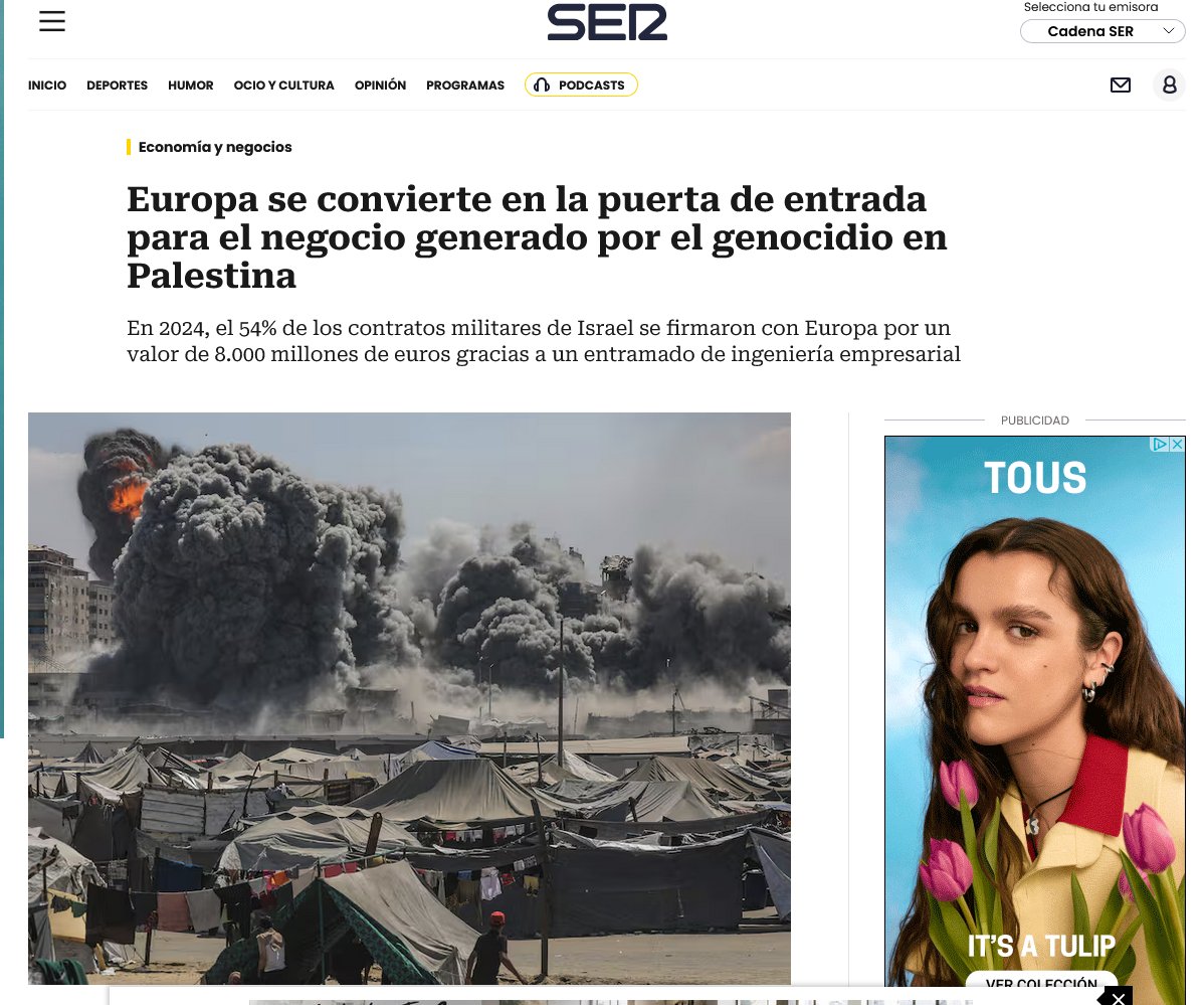 ObservatoriDHE's tweet photo. 1 de cada 5 tecnológicas israelíes ha trasladado operaciones fuera del país desde el inicio del genocidio. El 54% de la exportación militar israelí en 2024 fue a Europa.

Nuestro informe sobre la expansión de la tecnología del genocidio en @La_SER 

🔗https://t.co/LCOToFOaXU https://t.co/OBTZaxLs5R