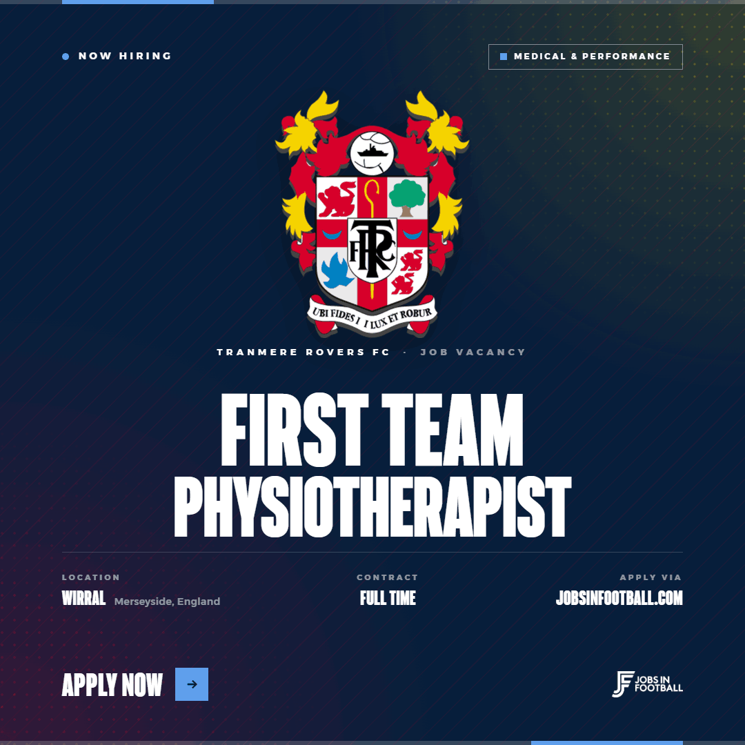 JobsInFootball's tweet photo. Tranmere Rovers FC are looking for a First Team Physiotherapist to play a central role in player care, injury rehabilitation and return-to-play support.

The role will involve providing physiotherapy services to first team players, monitoring fitness and injury status, delivering pitch-side treatment, supporting rehabilitation training, and communicating injury updates and return-to-training projections to the management team.

Applicants should have a BSc Physiotherapy or higher, HCPC registration, an up-to-date emergency medical qualification, and the ability to work in the demands of a professional football environment.

📍 Tranmere Rovers FC
 💼 First Team Physiotherapist
 🕒 40 hours per week
 💰 Competitive salary

Apply via Jobs In Football.
https://t.co/GPLuLJA8PL