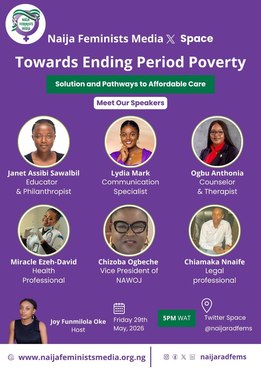 ogbu_abiola's tweet photo. Join the discussion on Naija Feminists Media Twitter space on the Topic: “Towards Ending Period Poverty: Solutions and Pathways to Affordable Care”

Date: Friday, May 29, 2026
Time: 5 pm

Here’s the link to join the Twitter space: https://t.co/naSN6dAlOn. https://t.co/x8jM0yGNoB