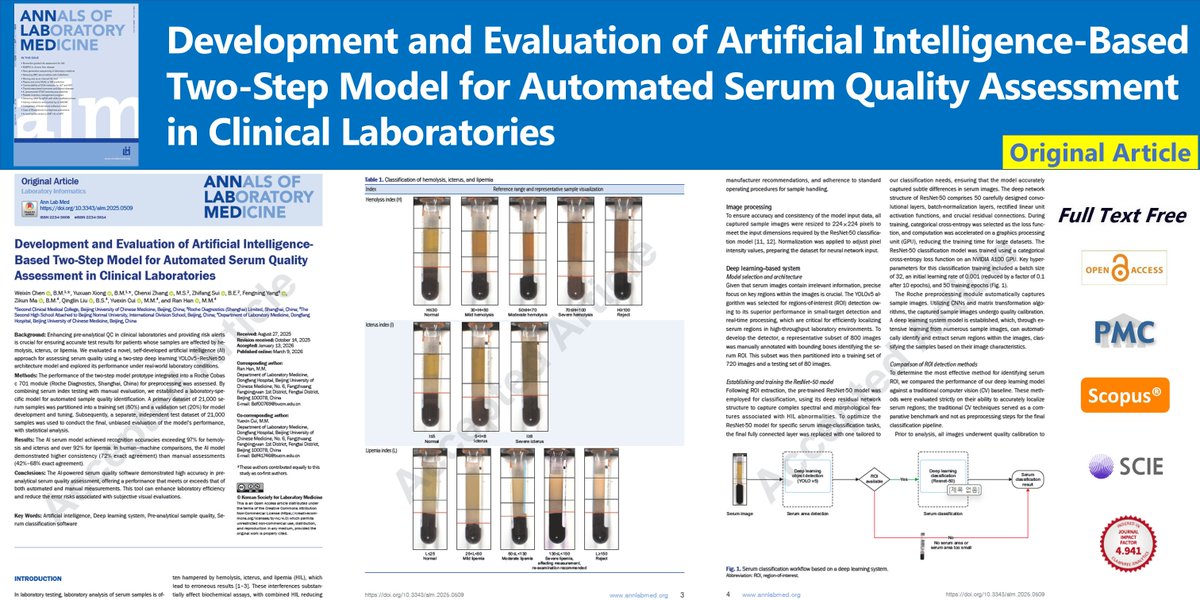AnnLabMed's tweet photo. Development and Evaluation of Artificial Intelligence-Based Two-Step Model for Automated Serum Quality Assessment in Clinical Laboratories
🌷https://t.co/KeJ2X1bTWF
Ann Lab Med. March 9, 2026. Weixin Chen
#ArtificialIntelligence #DeepLearningSystem #PreAnalyticalSampleQuality https://t.co/AYVwJknbwb
