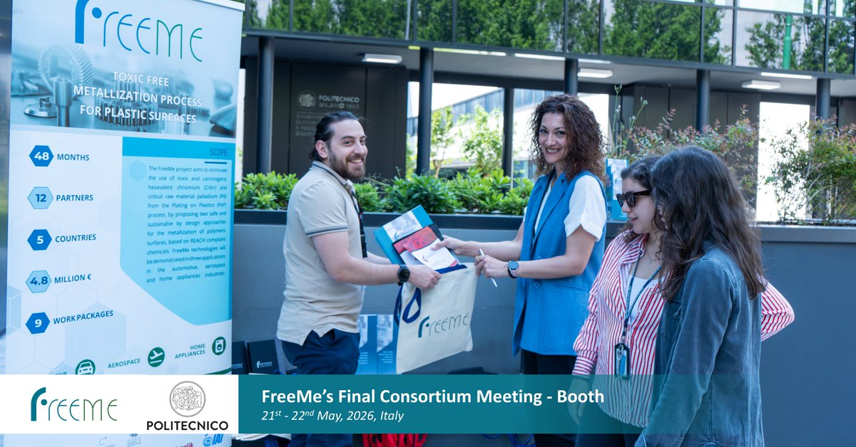 FreeMeProjectEU's tweet photo. FreeMe visited Politecnico di Milano🎓
📍During the second day of FreeMe’s final consortium meeting at @polimi in Milan, an exhibition #booth showcasing @FreeMeProjectEU's dissemination and communication materials, including roll-ups, flyers, agendas, bags, pens, folders, cups, and more was organised. 🎯
The booth provided an excellent opportunity to engage with students, academics, and visitors, presenting FreeMe’s scope, objectives, technologies, and actions towards safer and more sustainable plating on plastics solutions. 🌿🤝

#HorizonEu #Innovation #SSbD #PlatingonPlastics #finalmeeting