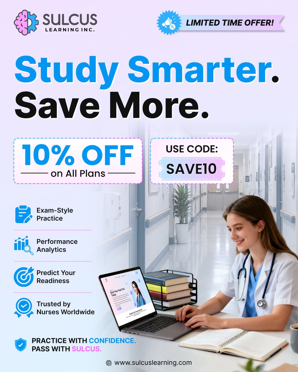 Sulcuslearning's tweet photo. Study harder? Outdated.
Smart nurses study smarter. 💙

🎯 Get 10% OFF with code: SAVE10
📚 https://t.co/ROiKRbJf97

#NursingStudents #StudySmart #NCLEXPrep #FutureNurse #ClinicalJudgment #SulcusLearning https://t.co/aXArIXVA9P