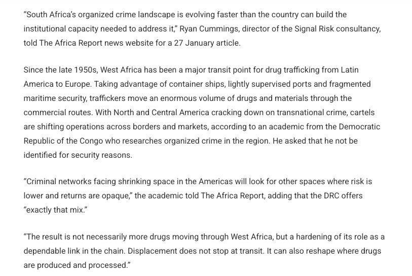 SignalRisk's tweet photo. Signal Risk in the media:

Head of analysis Ryan Cummings in DefenceWeb's article: Cartels shift drug manufacturing to Africa

https://t.co/B7MwIdkGQF https://t.co/ga7CkaHE02