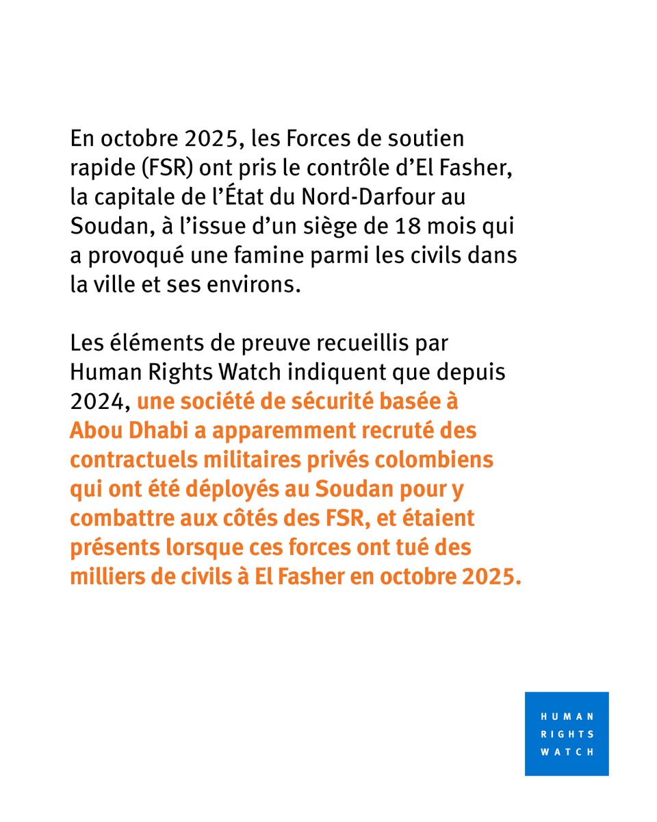 hrw_fr's tweet photo. Depuis 2024, la société Global Security Services Group, basée à Abou Dhabi, a recruté des centaines de combattants privés colombiens qui ont été déployés au Soudan pour combattre aux côtés des Forces de soutien rapide (FSR). 

Preuves dans notre dernière enquête ⤵️ https://t.co/Zd0okipwlA