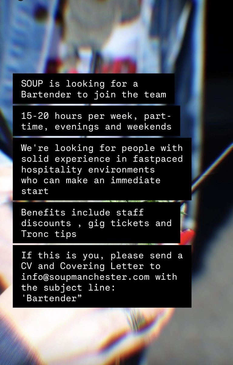ManchesterAD's tweet photo. Industry Opportunity: Soup in the NQ are recruiting for a bartender ⬇️ https://t.co/c8zdc5NgTp
