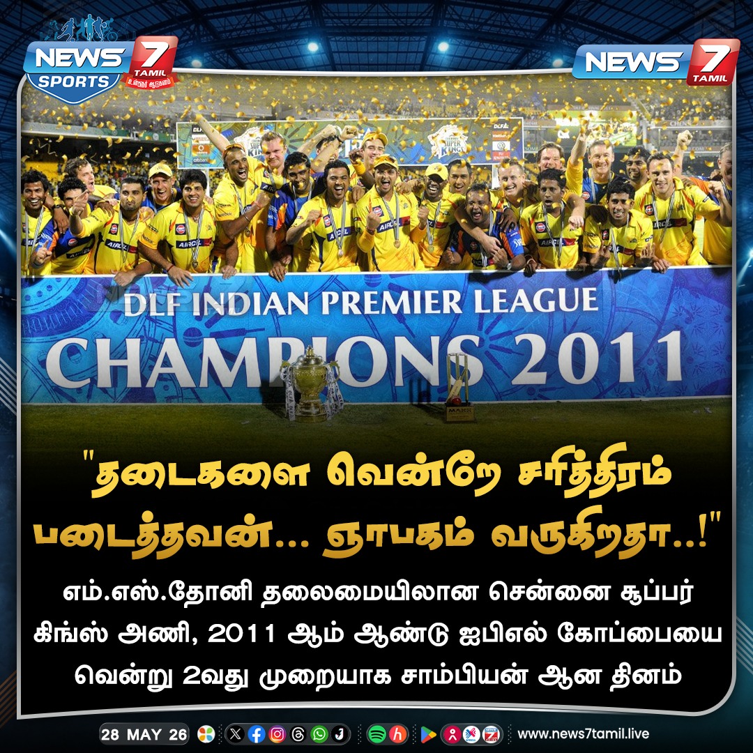 news7tamil's tweet photo. எம்.எஸ்.தோனி தலைமையிலான சென்னை சூப்பர் கிங்ஸ் அணி, 2011 ஆம் ஆண்டு ஐபிஎல் கோப்பையை வென்று 2வது முறையாக சாம்பியன் ஆன தினம்!
#ChennaiSuperKings | #MSDhoni | #IPLtrophy | #Champions | #IPL2011 | #Cricket | #Sports https://t.co/2e9pRkfiQC