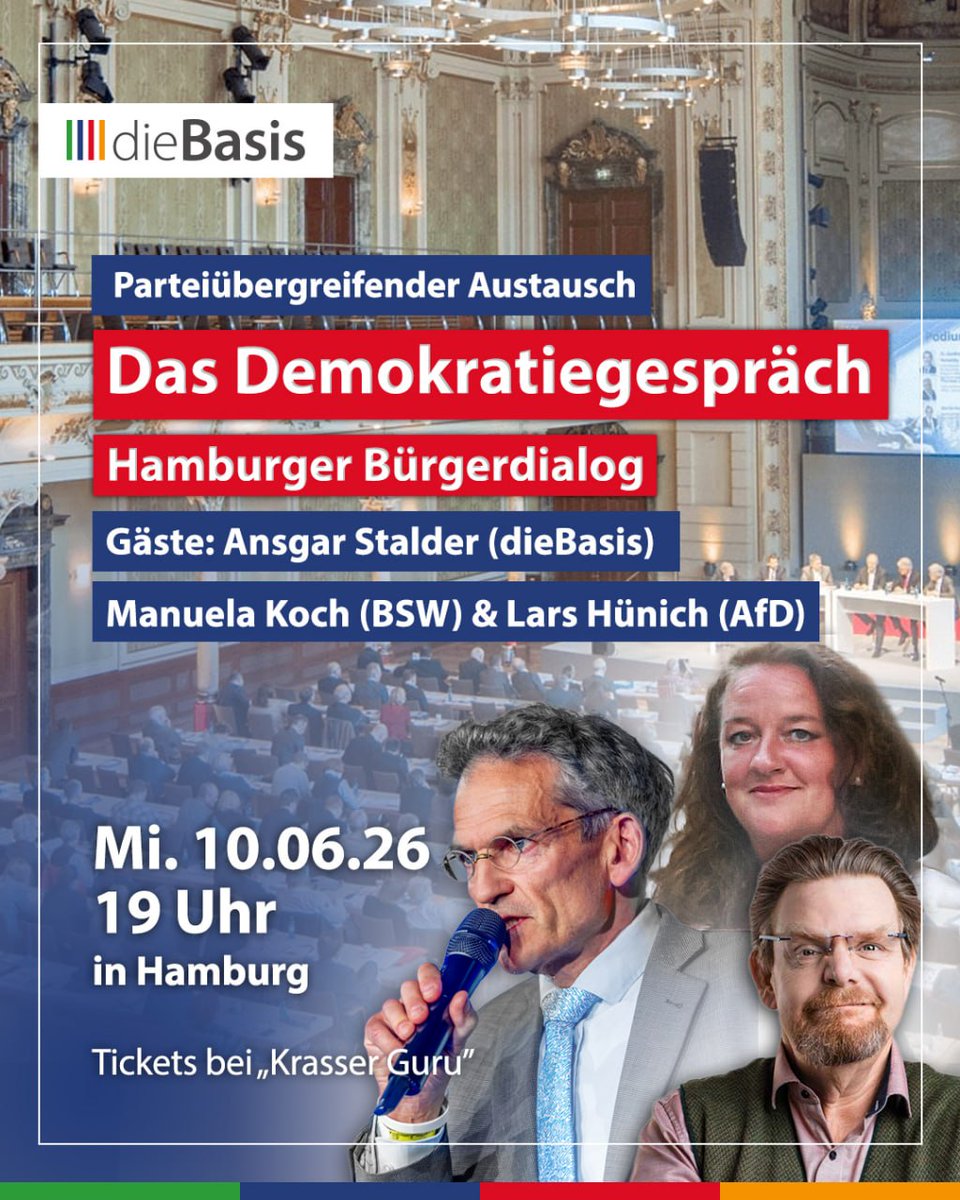Huenich's tweet photo. Das Demokratiegespräch – Hamburger Bürgerdialog
Vertrauensverlust in der Demokratie, gesellschaftlicher Zusammenhalt, Beteiligung und Teilhabe – ein parteiübergreifender Dialog jenseits von Lagerdenken. #dieBasis #BSW #AfD

Gäste:
🟡 Ansgar Stalder (dieBasis)
🟡 Manuela Koch (BSW)
🟡 Lars Hünich (AfD)

📅 Wann: Mittwoch, 10.06.2026, ab 19 Uhr (Einlass ab 18 Uhr)
📍 Wo: Hamburg

🎫 Tickets: https://t.co/xDwaswO0fu

Mit Publikumsdiskussion!

🟩🟩🟦🟦🟥🟥🟧🟧

Was verbindet Menschen aus unterschiedlichen politischen Lagern? Der Wunsch nach echter Demokratie, nach Mitsprache und Gehör – jenseits von Parteidogmen und medialer Einengung.

Drei Rednerinnen und Redner aus drei verschiedenen politischen Strömungen kommen an einem Tisch zusammen – für ein ehrliches, unverstelltes Gespräch über die Zukunft unserer Demokratie.

Kein Lagerdenken. Kein Ausschluss. Nur Dialog.