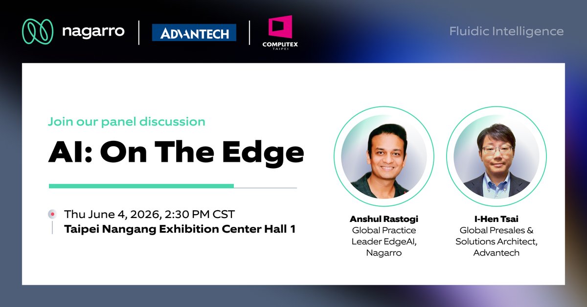 Nagarro's tweet photo. Join Anshul Rastogi and I-Hen Tsai at @computex_taipei  as they explore how enterprises are scaling #EdgeAI in real-world deployments across industries.

📍 Meet the team at the Advantech booth (#K0603a) for live Edge AI demonstrations.

#COMPUTEX2026 #EnterpriseAI #FluidicIntelligence