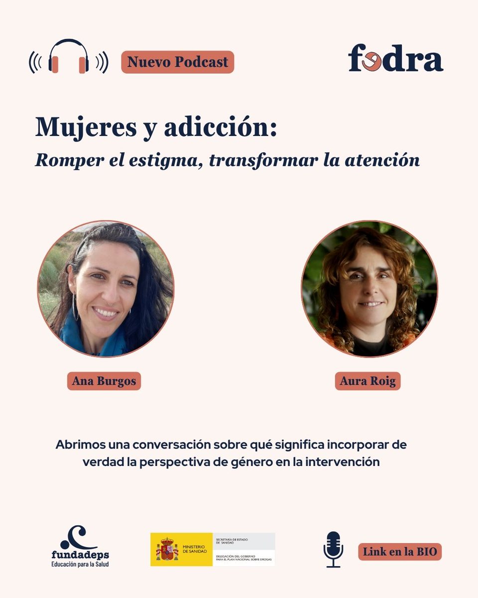 FUNDADEPS's tweet photo. 🎙️ Nuevo podcast FEDRA

“Mujeres y adicción: romper el estigma, transformar la atención”.

Con Ana Burgos y Aura Roig hablamos de consumo, violencias, estigma, reducción de daños e intervención con perspectiva de género.

Escúchalo en iVoox.

#FEDRA #Adicciones https://t.co/9SbpKMxn16
