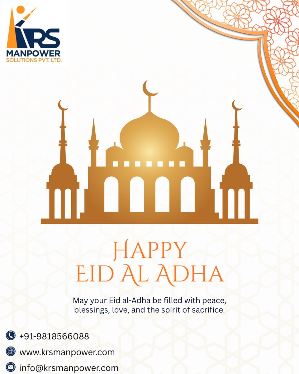 KrsManpower's tweet photo. 🌙 Eid Al Adha Mubarak 🌙
KRS Manpower Solutions Pvt. Ltd. ki taraf se aap sabhi ko Eid Al Adha ki dil se mubarakbaad।
Yeh paak tyohar aapki zindagi mein aman, khushhali aur nai umeedein lekar aaye। ✨ https://t.co/gj2KokXh6V