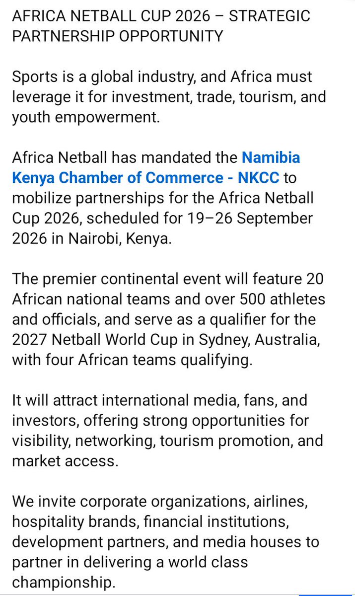 NamibiaKenya's tweet photo. AFRICA NETBALL CUP 2026 – STRATEGIC PARTNERSHIP OPPORTUNITY

For partnerships, email: president@namibiakenyachamber.org https://t.co/1XstScW4Hn