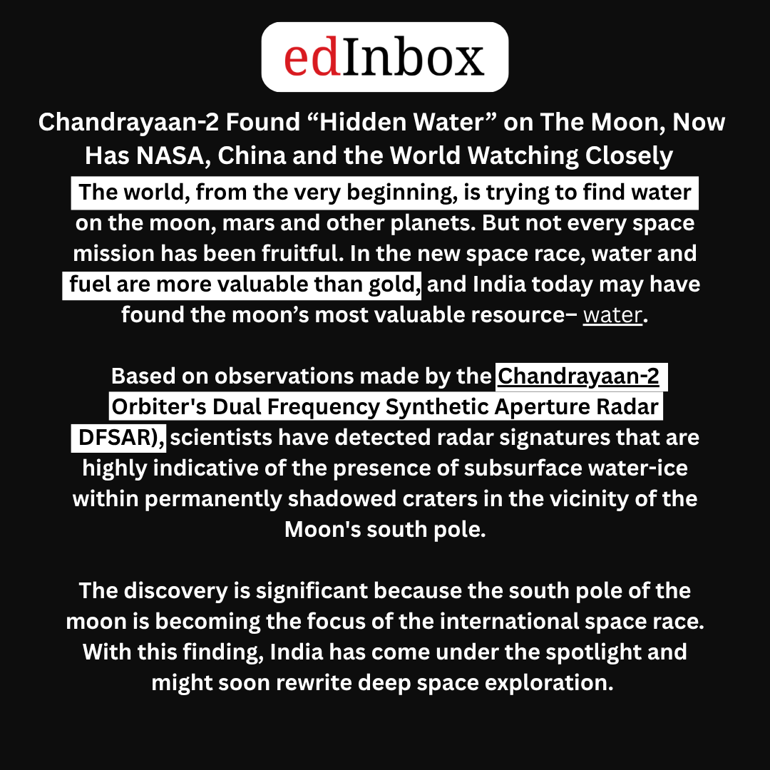 edInboxMedia's tweet photo. India may have found the moon's most valuable resource WATER
Thanks to Chandrayaan-2
India may have just found what the world is racing to the Moon for WATER. 
As Indians, let's take a moment to appreciate our scientists and encourage them to shape humanity’s future beyond Earth. https://t.co/DD61noyR4W