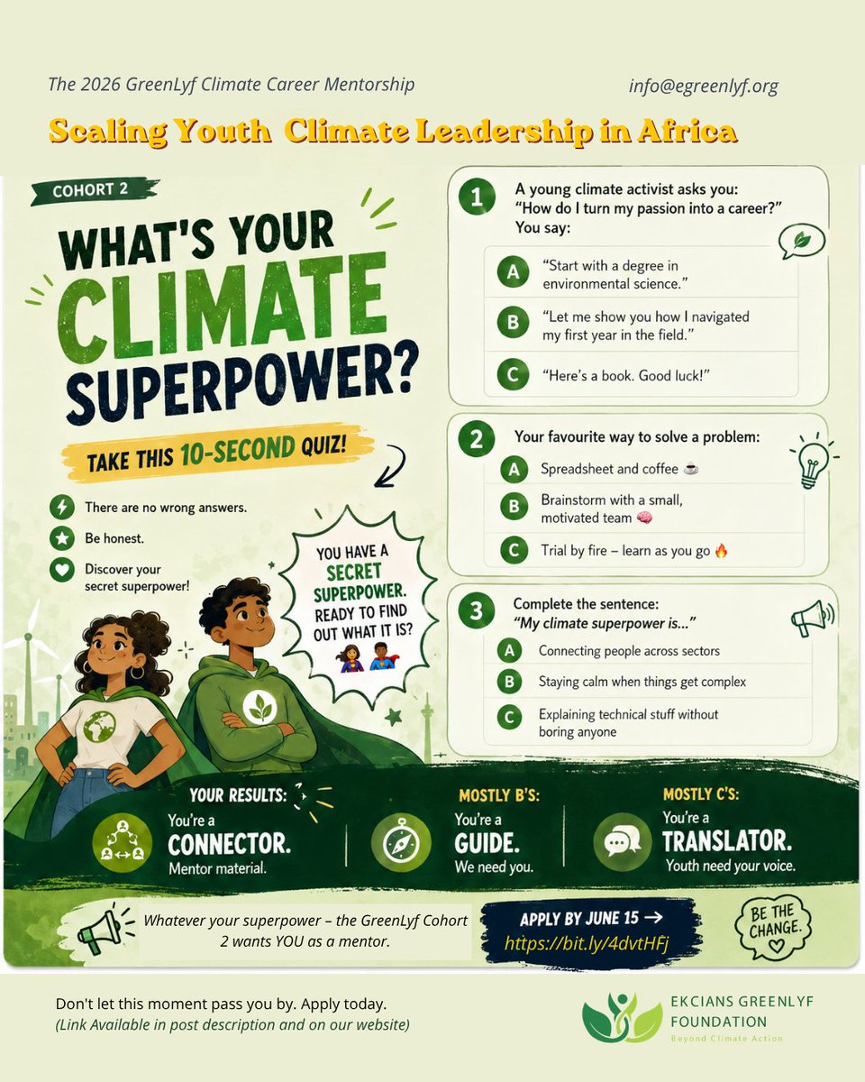 egreenlyf's tweet photo. 📢 Calling climate mentors in Africa.
GreenLyf Cohort 2 is looking for professionals in:

🔗 Apply here:
https://t.co/l0m8jB2mkw

Share with a Mentor you Know. 💚

#ClimateAction #ClimateMentorshipAfrica #Cohort22026 https://t.co/wcV9ILmZJn