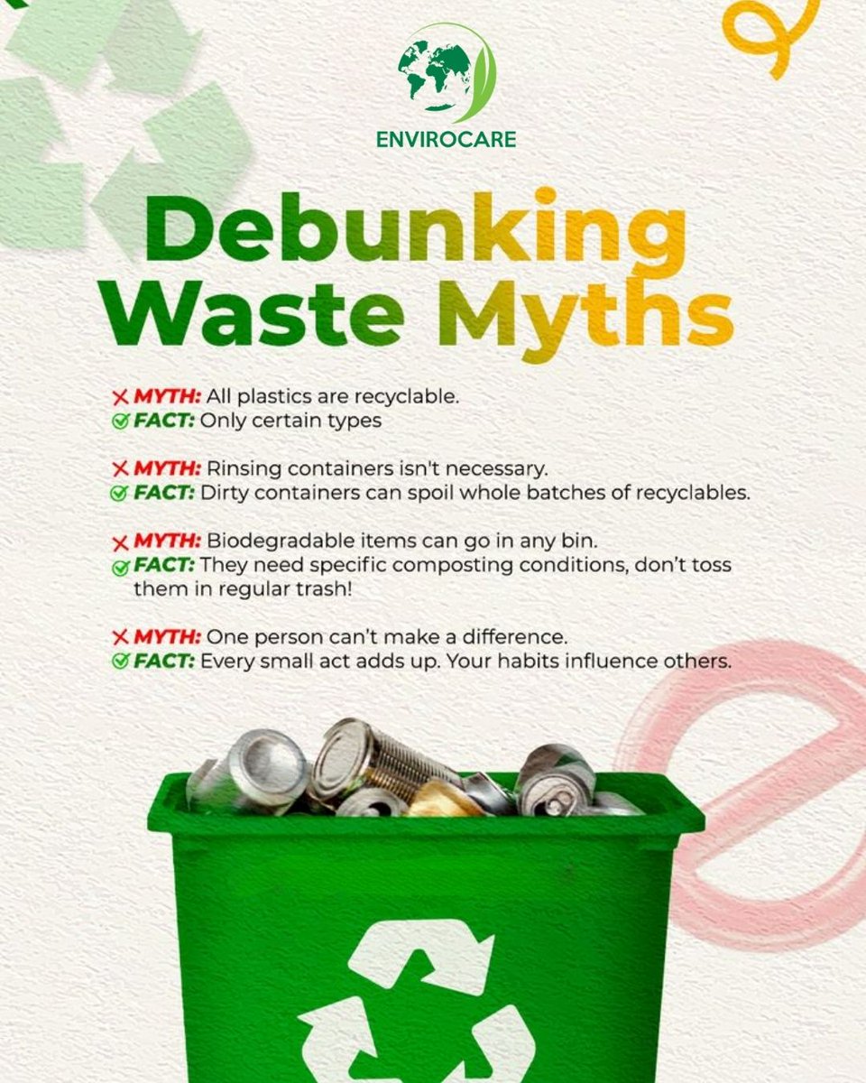 envirocare4you's tweet photo. Not everything in the recycling bin actually gets recycled.

From plastic recycling facts to proper waste segregation, it’s time to separate myths from reality and make sustainable living smarter.

#RecycleRight #Sustainability #WasteManagement #Envirocare https://t.co/O0qRD8E3EM