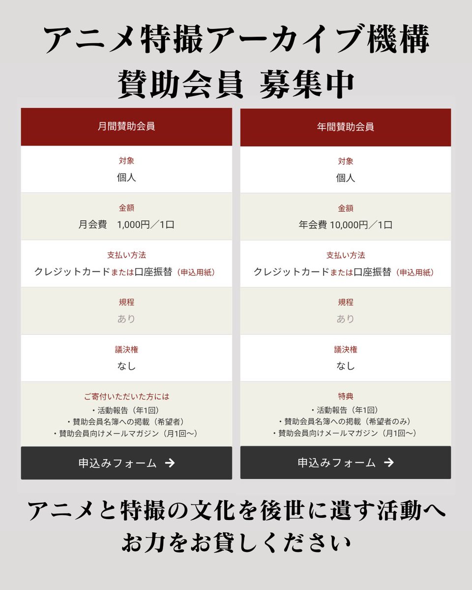 Info_ATAC's tweet photo. ATACでは、活動を継続的に支えてくださる賛助会員を募集しています！
賛助会員になると…
➡年に1度活動報告（メール）が、月に1度メールマガジンが届きます🌟
➡公式サイト内の賛助会員名簿にお名前等を掲載できます🌟
➡年に1度、ATAC一同が活動の成果を報告する「賛助会員向けオンライン活動報告会（2026年も秋に開催予定）」にご参加いただけます🌟
➡賛助会員会費は、税制上の優遇措置（寄附金控除）の対象となります🌟

お申込みから入会手続き完了までに約１～２か月かかりますので、早めのお申し込みがお勧めです！
ATAC賛助会員についてはこちら▼
https://t.co/pbhrpWgzKn
#ATAC #アニメ特撮アーカイブ機構