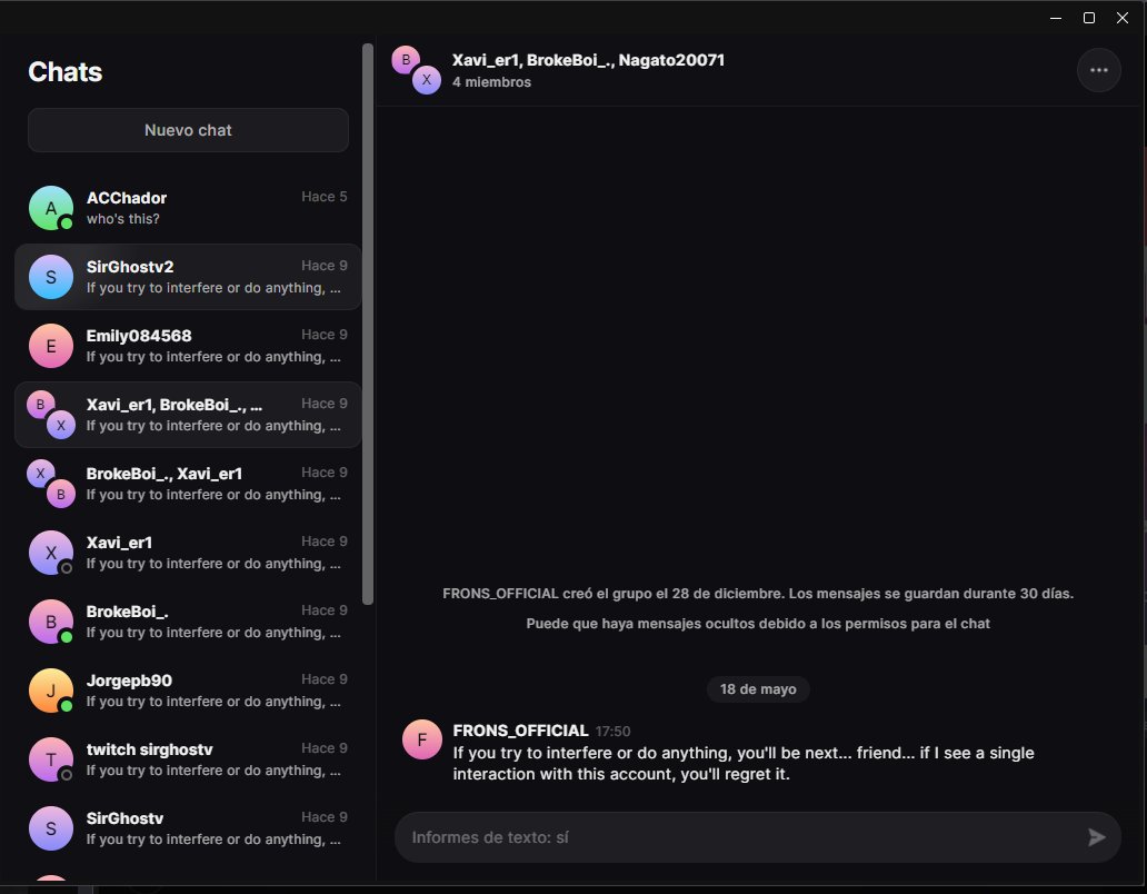 FronsX67493's tweet photo. La historia comienza en Fortnite. Un usuario anónimo accedió a mi cuenta de Fortnite y me amenazó, utilizando mi cuenta para contactarme y enviando mensajes de texto a todos mis amigos, instándome a comprar paVos para que él los gastara. Yo lo ignoré, lo bloqueé y cambié mi clave https://t.co/RiRO832vkg