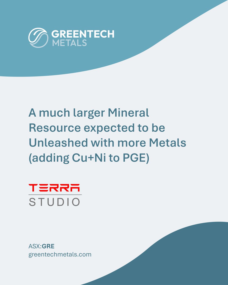 GreenTechMetals's tweet photo. .@TerraStudioHQ has prepared a research update on $GRE.AX titled "A much larger Mineral Resource expected to be Unleashed with more Metals (adding Cu+Ni to #PGE)"

Read the research: https://t.co/MjPD82sBII

#GRE $GRE #platinum #palladium #rhodium #PGMs #Gold #Nickel https://t.co/n2Dpzj9U11