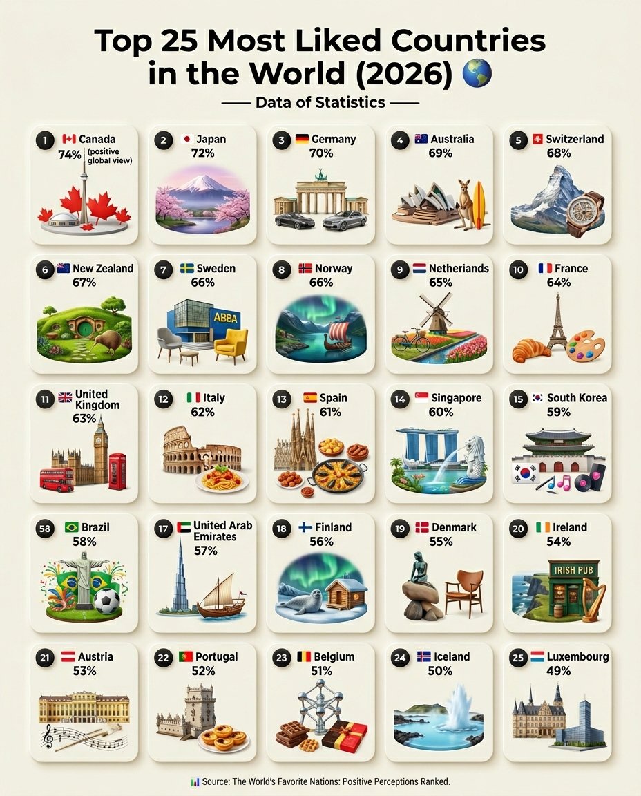 DataOfStats's tweet photo. Top 25 Most Liked Countries (2026) 🌎 

1. 🇨🇦 Canada: 74% (positive global view)
2. 🇯🇵 Japan: 72%
3. 🇩🇪 Germany: 70%
4. 🇦🇺 Australia: 69%
5. 🇨🇭 Switzerland: 68%
6. 🇳🇿 New Zealand: 67%
7. 🇸🇪 Sweden: 66%
8. 🇳🇴 Norway: 66%
9. 🇳🇱 Netherlands: 65%
10. 🇫🇷 France: 64%
11. 🇬🇧 United Kingdom: 63%
12. 🇮🇹 Italy: 62%
13. 🇪🇸 Spain: 61%
14. 🇸🇬 Singapore: 60%
15. 🇰🇷 South Korea: 59%
16. 🇧🇷 Brazil: 58%
17. 🇦🇪 United Arab Emirates: 57%
18. 🇫🇮 Finland: 56% 
19. 🇩🇰 Denmark: 55% 
20. 🇮🇪 Ireland: 54% 
21. 🇦🇹 Austria: 53% 
22. 🇵🇹 Portugal: 52% 
23. 🇧🇪 Belgium: 51% 
24. 🇮🇸 Iceland: 50% 
25. 🇱🇺 Luxembourg: 49%

📊 Source: The World's Favorite Nations: Positive Perceptions Ranked.