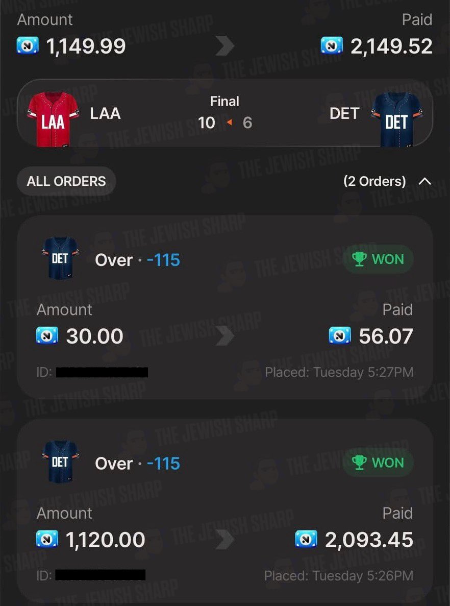 JewishSharp's tweet photo. CASH IT! ANGELS/TIGERS OVER 8.5 EASY WINNER!! ✅

WE CASH THIS TICKET IN THE 5TH INNING!!🔥

#GamblingTwitter #MLB https://t.co/d4SekU0gIk