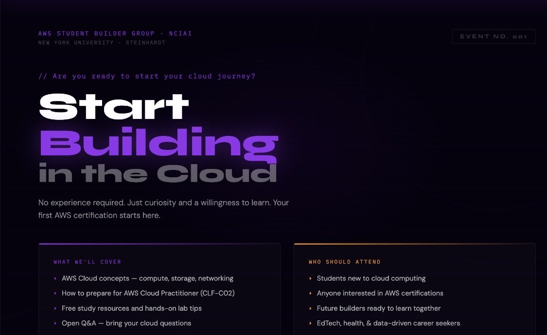 Metaverse_mayor's tweet photo. ☁️ Just launched NCIAI — an official @awscloud Student Builder Group at @nyuniversity. Cloud workshops, AWS certs, hackathons &amp; guest speakers. Open to ALL students. No experience needed.

First event May 28th @ 8:45 PM. 👇

#NYU #AWS #CloudComputing #NCIAI #AWSStudentBuilder https://t.co/jOQOQ5heM3
