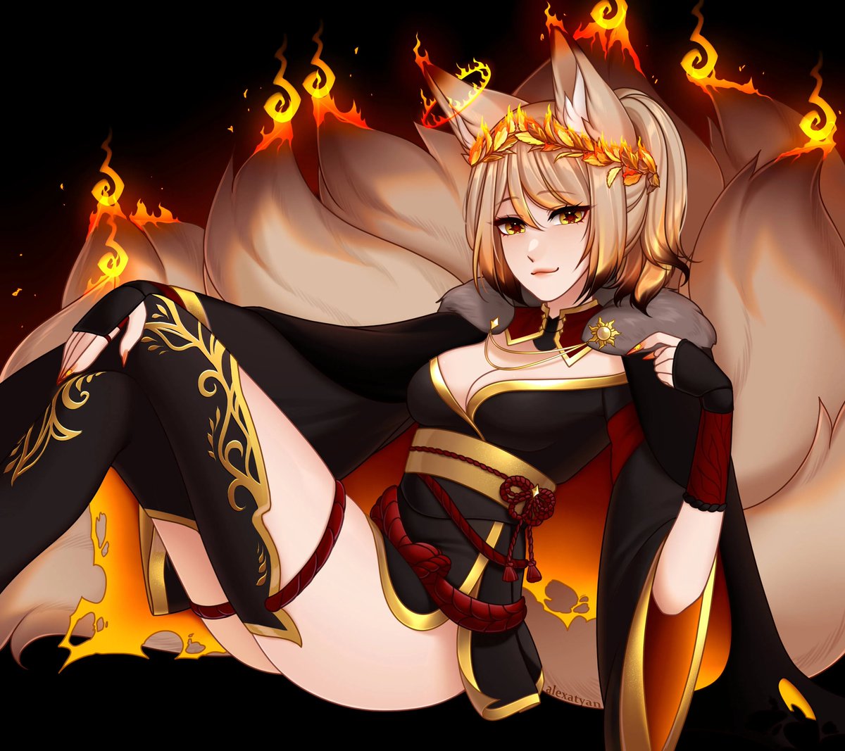 SouthrnSamuraii's tweet photo. @Shirokobo Hi Shiro! I'm a nine-tailed kitsune who was chosen to be the living embodiment of the sun to protect the world from the darkness that plagues it. At least that's what I got so far on lore lol. Her name is Solaris. (Sol-lar-ris)🔥☀️ https://t.co/n97jed9foT