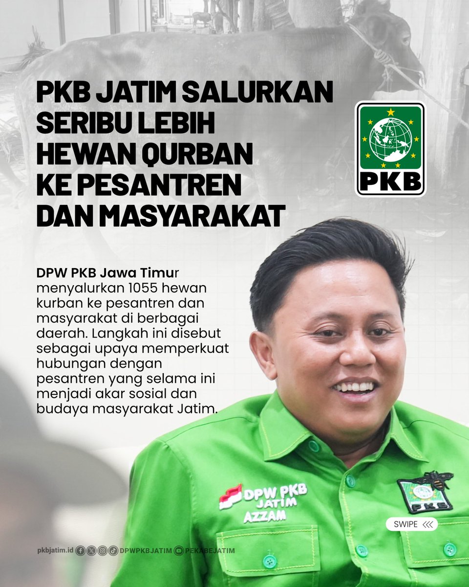 dpwpkbjatim_'s tweet photo. PKB Jawa Timur menyalurkan 1.055 hewan kurban untuk pesantren dan masyarakat di berbagai daerah sebagai bentuk kepedulian sekaligus penguatan hubungan dengan akar sosial-keagamaan di Jawa Timur. https://t.co/xsDkvyjNKo