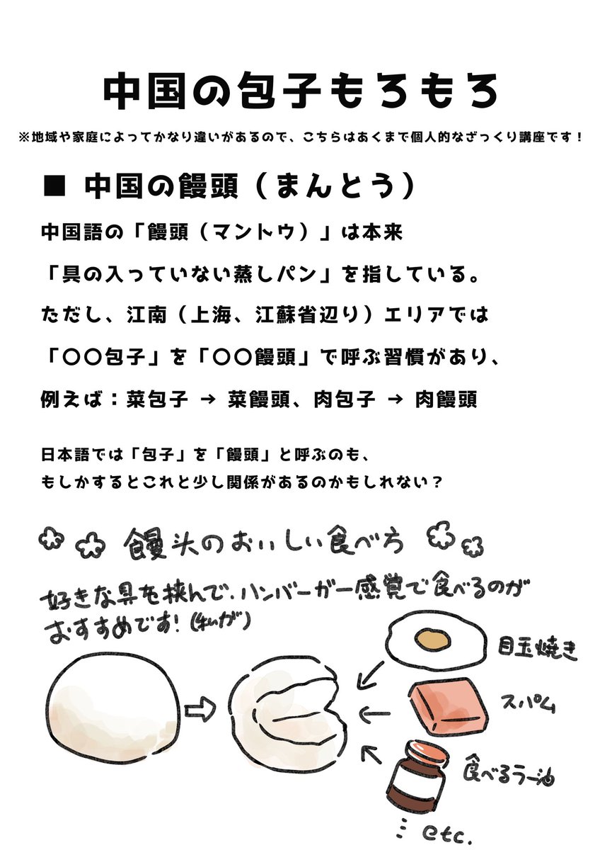 mugi_imai's tweet photo. 乙くんが大好きな「包子(中華まん)」について軽くミニ講座をしたいと思って、簡単なものを作りました！(*´∀｀)

※個人知識を基に作ったものなので、地域や家庭によってかなりの違いがある場合がございます。 https://t.co/JDcsYebQVU