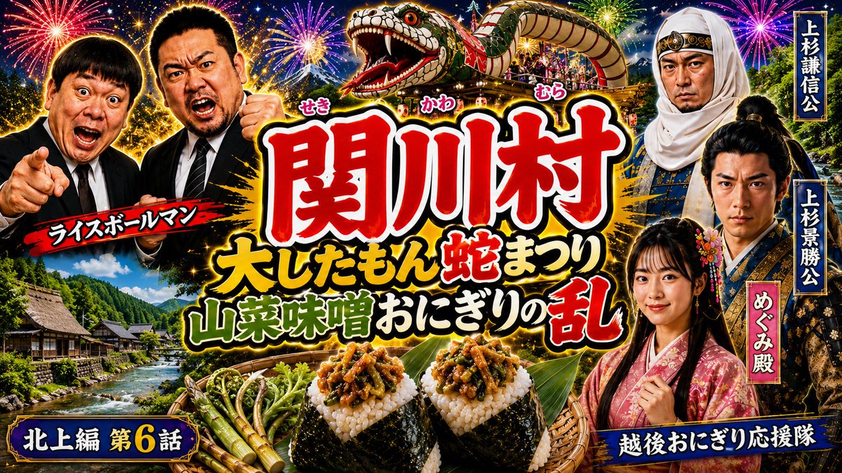 am9to's tweet photo. ライスボールマン越後おにぎり応援隊 北上編 第六話関川村編「大したもん蛇と山菜味噌おにぎりの乱」｜だいちのめぐみ #創作大賞2026 https://t.co/owsmOJJMyZ https://t.co/60YMmhvJbr
