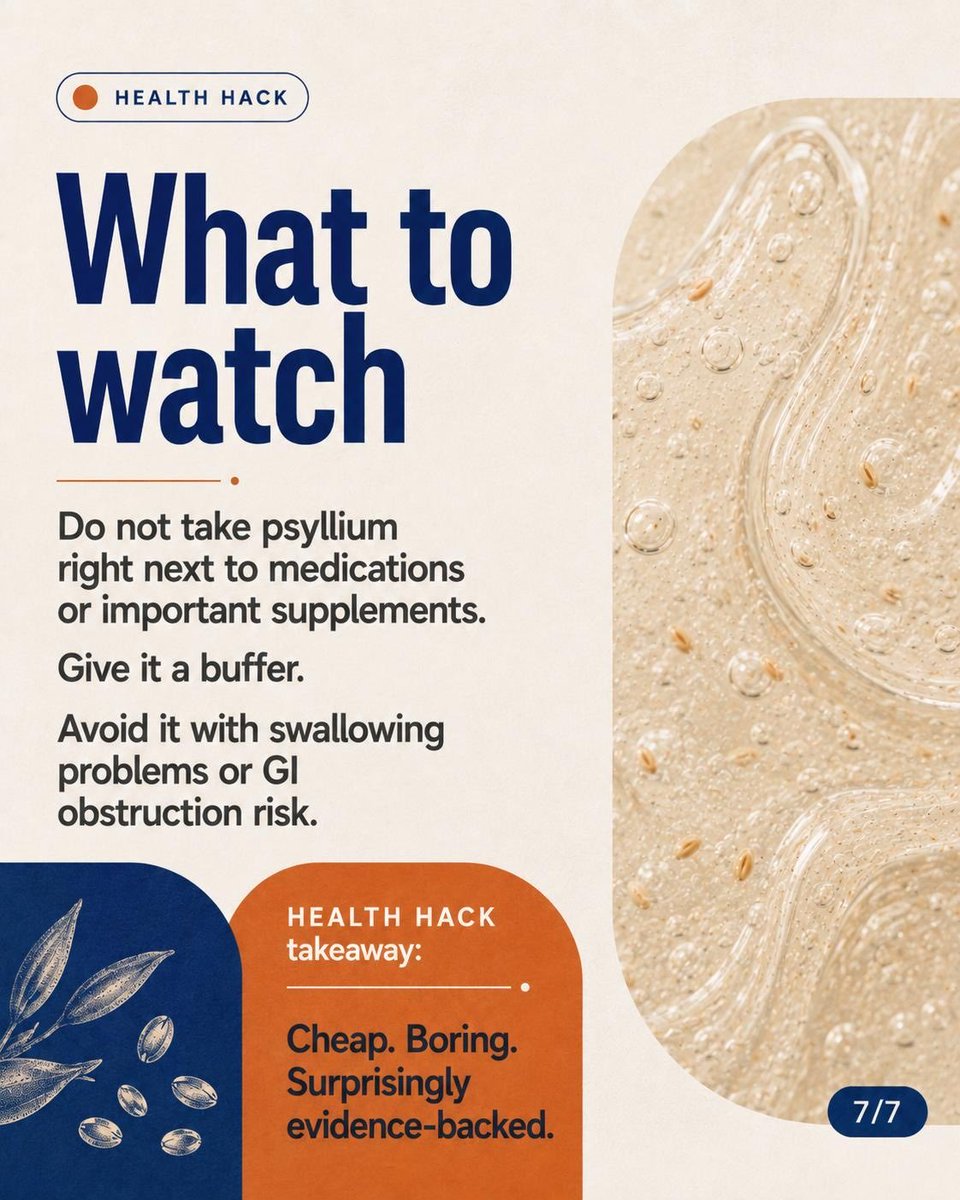 HealthHackNews's tweet photo. Do not take psyllium right next to medications or important supplements.

Give it a buffer.

Avoid it with swallowing problems or GI obstruction risk.

HEALTH HACK takeaway:

Cheap. Boring. Surprisingly evidence-backed. https://t.co/zwCFRMHrIW