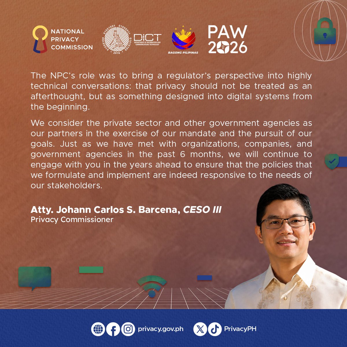 PrivacyPH's tweet photo. Delivering the Privacy Commissioner's Report, Privacy Commissioner Atty. Johann Carlos S. Barcena highlighted the National Privacy Commission's accomplishments, regulatory enforcement gains, and international recognitions over the past year.   

#PAW2026 #ANAMNESIS https://t.co/LtIUitpena